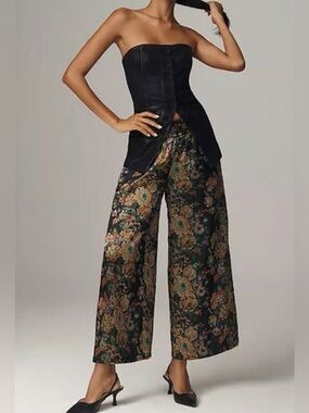 Anthro Somerset Cropped Jacquard Pants | Floral Wide Leg | S